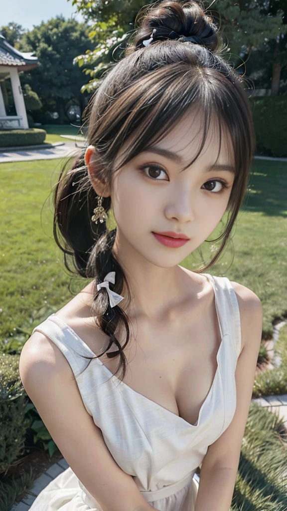 collared dress,European park,On the lawn,One woman,masutepiece, The highest image quality, High quality, the background is clear,Beautiful woman, Japanese,Ultra-detailed, finely detail, hight resolution, 8K Wallpaper, Perfect dynamic composition, Beautiful detailed eyes , Detailed, Detailed eyes, Detailed skin, Beautiful skin, 超hight resolution, (reality: 1.4),Very beautiful woman, Slightly younger face, Beautiful skin, slender, (Ultra photo realsisim), (hight resolution), (8K), (Very detailed) (beautifully detailed eyes), (super detailed), (Detailed face), view the viewer, Fine details, Detailed face, Staring straight ahead, Staring straight ahead, photos realistic, Bright lighting, Professional Lighting, Black hair,poneyTail,a baby face,sixteen years old,Hairstyle: ponytail,Long ponytail hairstyle,slight smile,neat and tidy clothing,Beautiful Japanese KPOP idol photo, hair style is ponytail, my eyes are double and wide, baby face, smile and look straight ahead, slender, small breasts,Close up face,