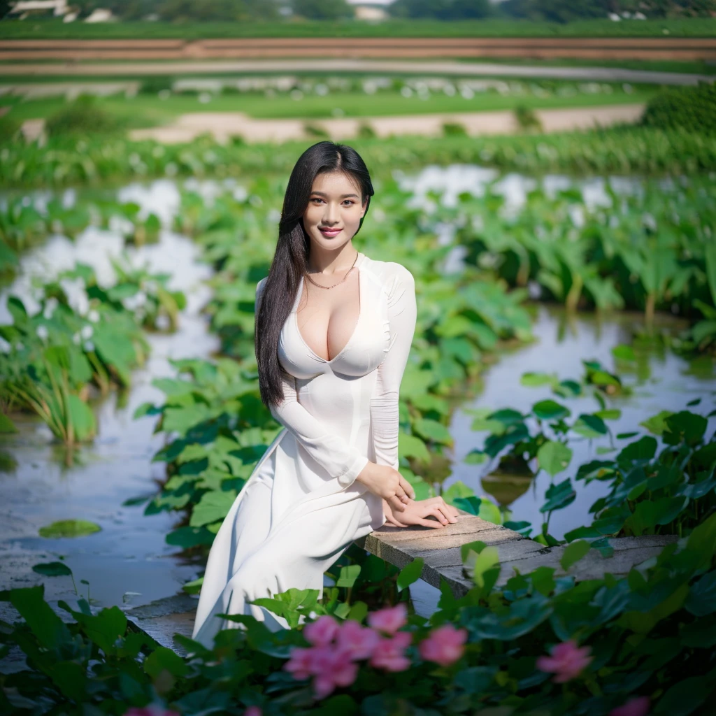 big breasts, round breasts, wearing bra inside ao dai, slim figure, beautiful figure, big breasts, ponytail, sharp 8k quality photo, ((beautiful, sharp, balanced face details) for )), ((beautiful breasts, exposed cleavage, plump body), ((beautiful sparkling eyes, sharp eye details, beautiful face)), sitting in the middle of rice fields, ((super beautiful body with high details , tight body, wide chest, slim waist)), ((thin cleavage, round breasts))