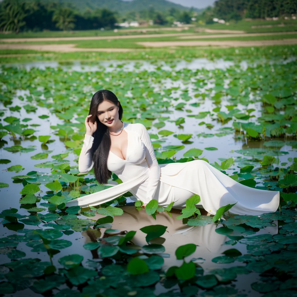 big breasts, round breasts, wearing bra inside ao dai, slim figure, beautiful figure, big breasts, ponytail, sharp 8k quality photo, ((beautiful, sharp, balanced face details) for )), ((beautiful breasts, exposed cleavage, plump body), ((beautiful sparkling eyes, sharp eye details, beautiful face)), sitting in the middle of rice fields, ((super beautiful body with high details , tight body, wide chest, slim waist)), ((thin cleavage, round breasts))