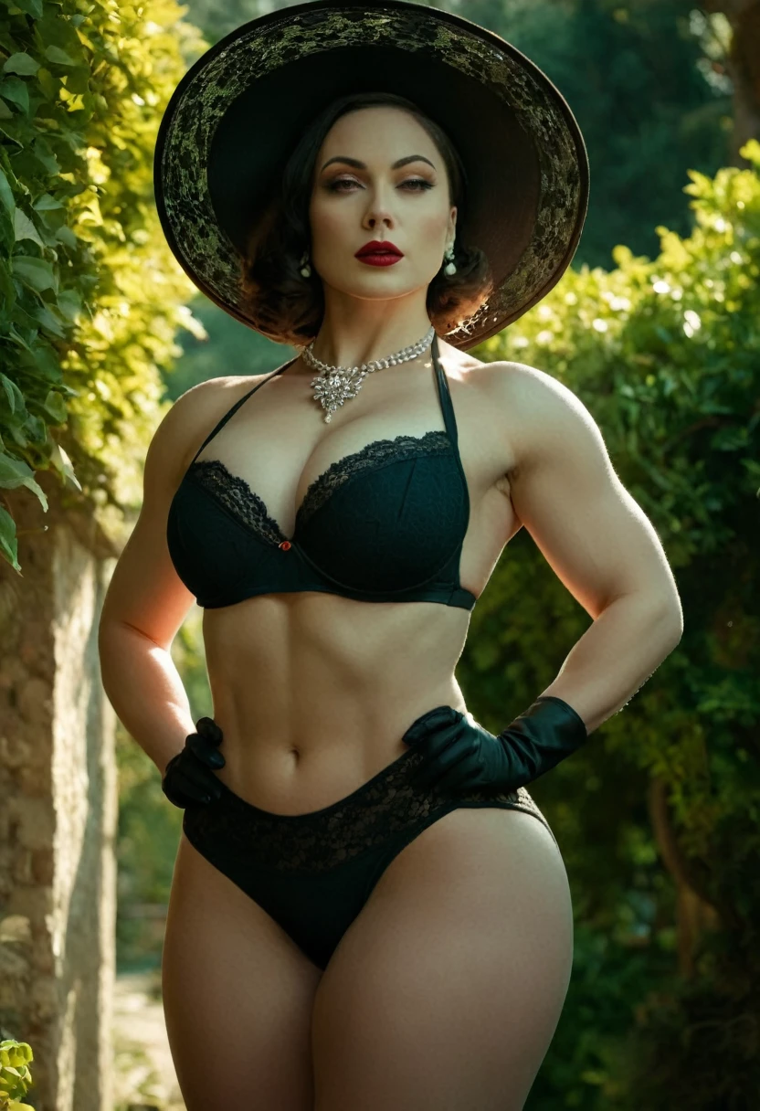 cinematic film still of Alcina Dimitrescu, muscular, wide hips, Women, partially covered in shadow, dramatic light, big old, Dimitrescu, Red lips, Alcina Dimitrescu, Mrs. Dimitrescu, 1 girl, Alone, old, garden background, has, neckline, bikini,, standing, lace trim, viñeta, Very detailed, high budget, bokeh, cinemascope, moody, epic, gorgeous, film grain, grainy, beach