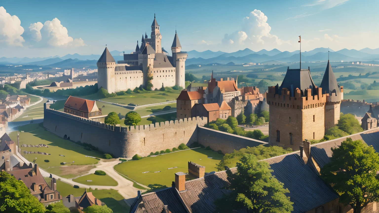 (Different world scene,Medieval castle standing,City Wall,City Wall大门),European architectural style,siege,Offensive and defensive battle,Spectacular,Huge,Magnificent,luxurious。luxury