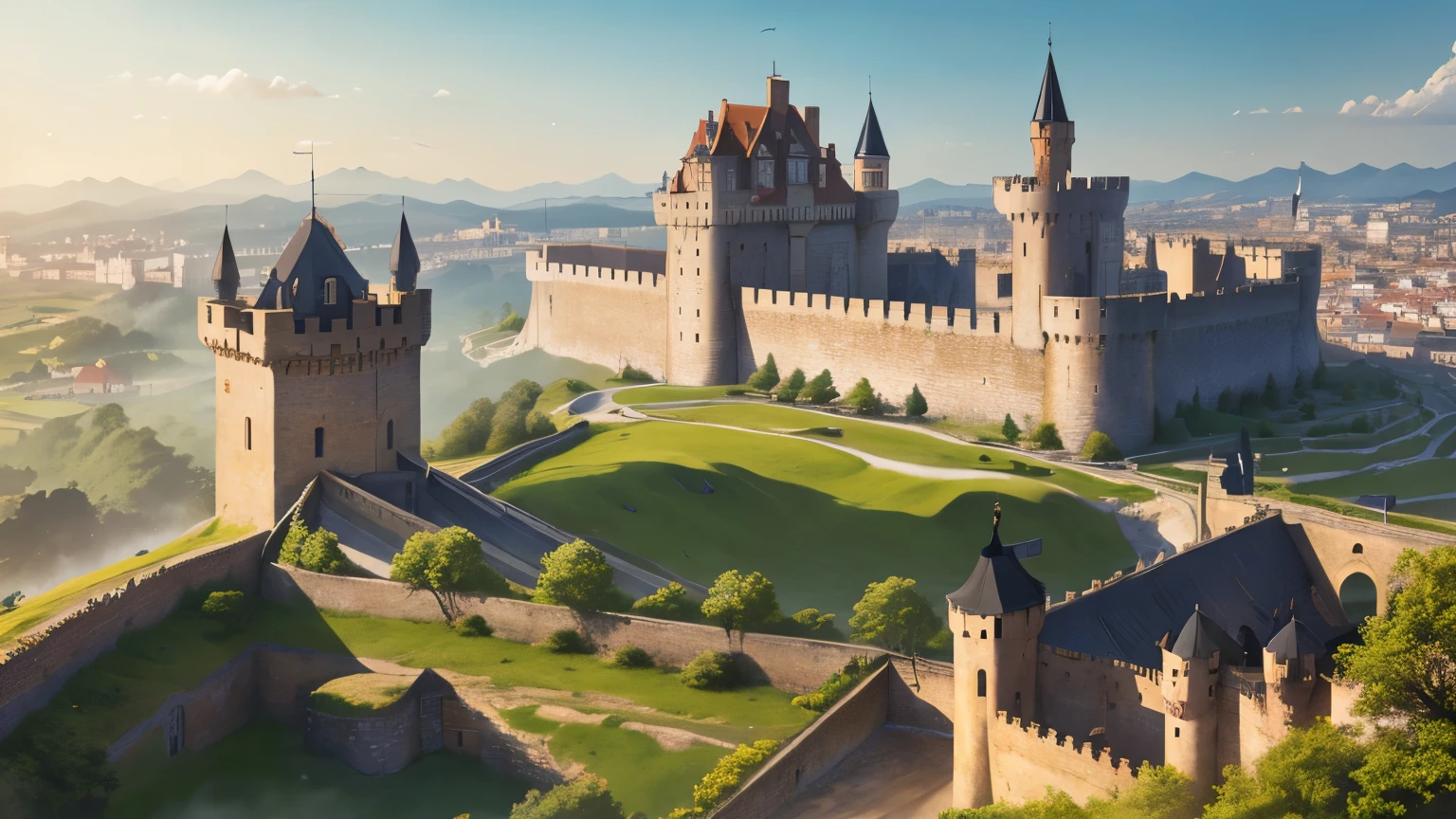 (Different world scene,Medieval castle standing,City Wall,City Wall大门),European architectural style,siege,Offensive and defensive battle,Spectacular,Huge,Magnificent,luxurious。luxury