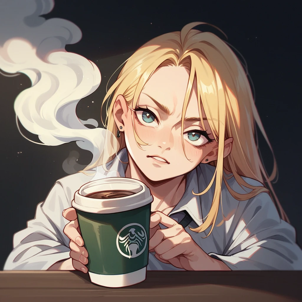A logo with a coffee cup and steam on a black background