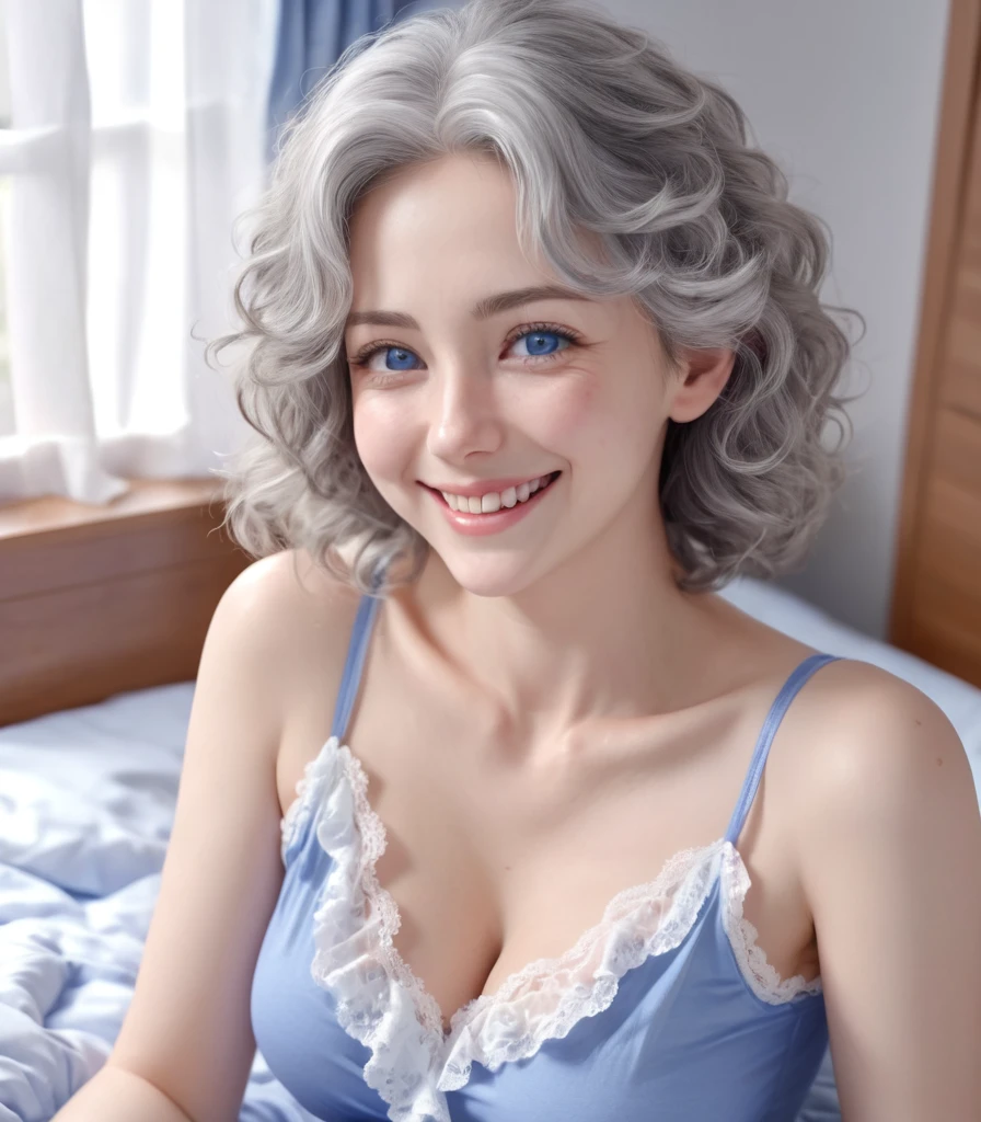 a woman in pijama sitting on a bed, photo realistic, curly grey hair, cobalt blue eyes, smiling, upper torso included, a-pose, armpit, :6, dressed in a frilly ((lace)), beautiful render, nagasaki, photo of the girl, cougar,