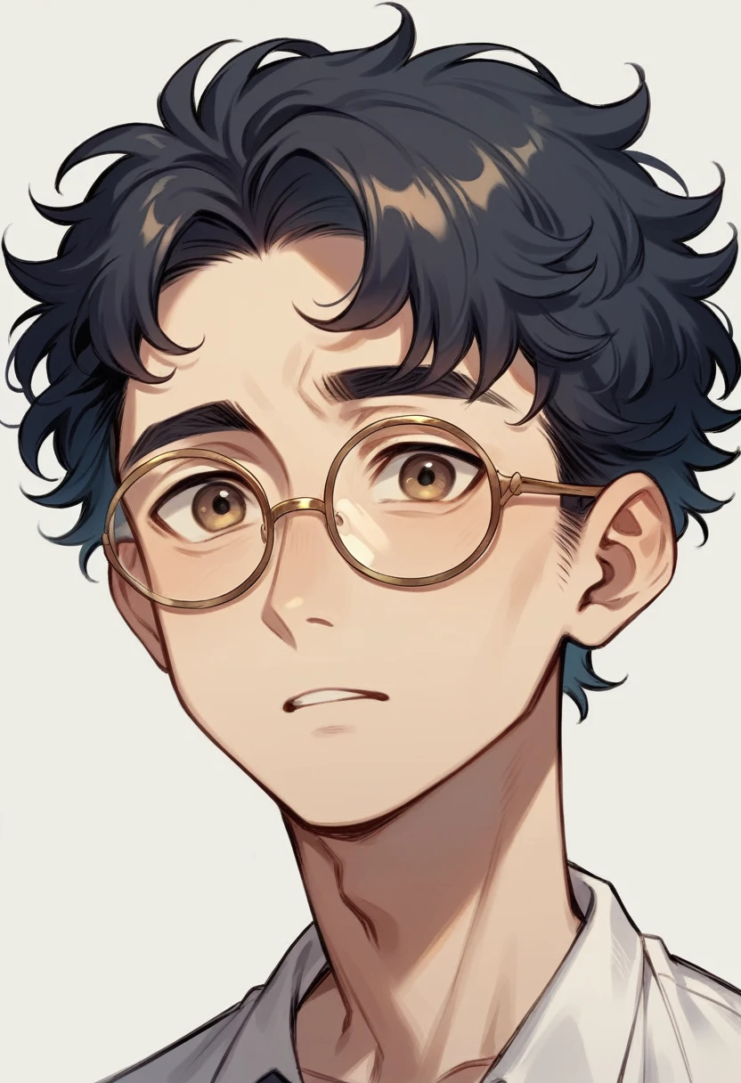 A young man. Your face has an oval shape with a balanced structure. He wears round gold glasses that highlight his large, expressive eyes.. His forehead is wide, and her short curly hair doesn&#39;t cover her much. He has a straight nose that is proportional to the rest of his face., and his thin lips form a slight smile that suggests confidence. The jaw is well defined but soft, no sharp angles, femboy, mini skirt, long tights, follado, Semen, big ass, mulatto skin, elevator, gay sex, big penises, 