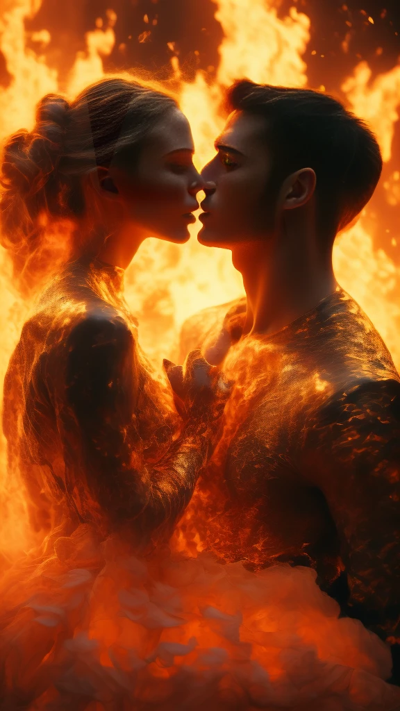 masterpiece，best quality，Extremely detailed，high resolution，1 romantic couple，flame，Dynamic Scene Scale 1.3，Romantic couple kissing in the fire，Firestorm，on fire，Bizarre fantasy image，Excellent skin texture，Magic Circle，Casting a Spell，strange，紫色strength，strength，fiery，meteor。