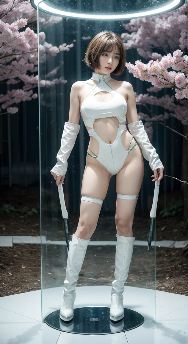 xtremely detailed CG unity 16K wallpaper, (raw photography:1.hotorealistic, highest quality, masterpiece:1.2), (correct anatomy:1.5), POV, NSFW, 1 girl, (tsunade:1.2), (from front view:1.4), (cowboy shot:1.1), brown hair, short hair, ultra-realistic skin texture, intricately detailed face, (fairly detailed skin:1.4), ultra-realistic eyes, dark eyes, ((narrow eyes:1.4)), highly detailed nose and lips, ((arms behind back, restrained:1.5)), tall, (curvy:1.1), (beautiful breast:1.5), ((perfect body proportion:1.4)), nude, arms and torso are wrapped with spider's web, legs wrapped with spider's web, trapped in a giant spider's nest, (((outdoor, noon, middle of forest:1.rofessional photo, cinematic lighting:1.1))), (((depth of field, sharp focus:1.2))), best aesthetic, ultra high res,