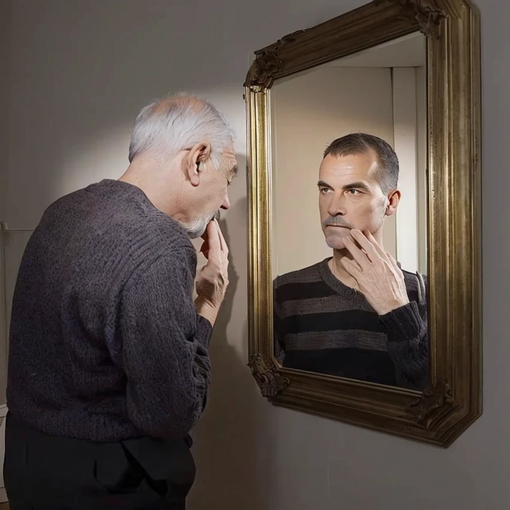A photo, of an old man, short hair loss , looking at himself younger in a mirror. View from side of man, full body large scale, appartement parisian style
