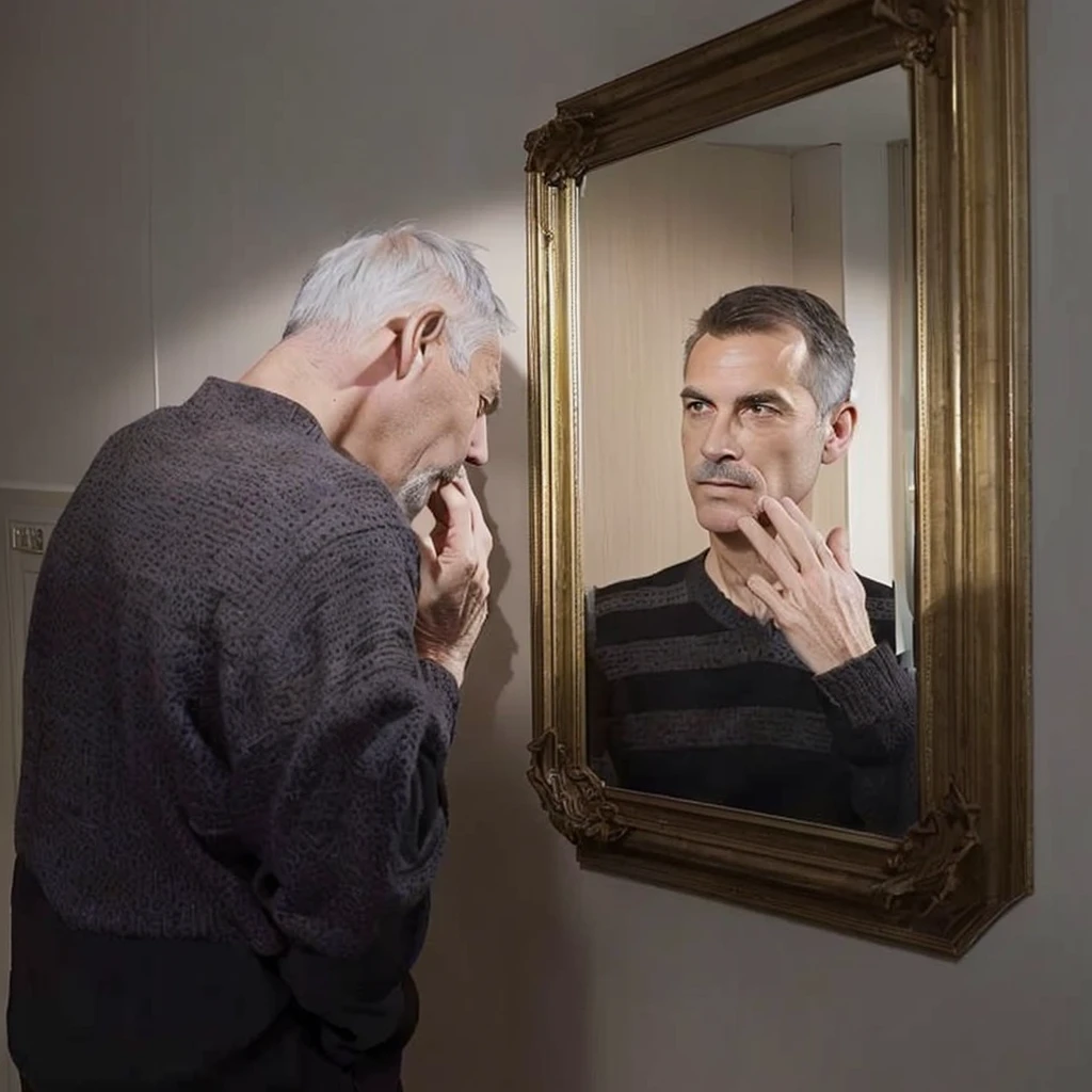 A photo, of an old man, short hair loss , looking at himself younger in a mirror. View from side of man, full body large scale, appartement parisian style