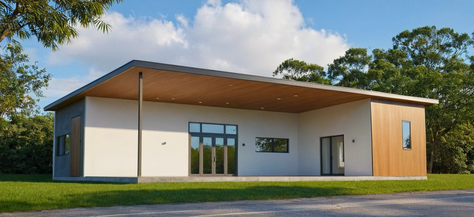 Photo brute,head of&#39;artwork, High quality, best quality, authentique, great detail,
Outside, En plein air, style de maison moderne dans la rue, glass windows, grille, wooden ceiling,
road,pavement, trees, sky, nuvens, (day light:1.1)