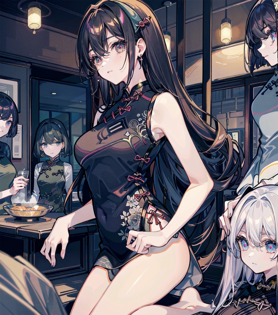 D-cups。brunette color hair。Pink pupils,Black lace slip dress,White panty hose,chiquita,In a luxurious room