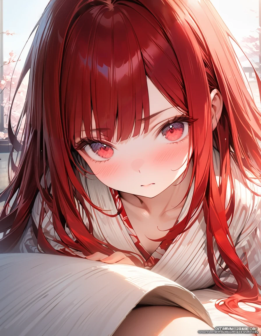 masterpiece A woman with very long red hair Japanese-style yukata Embarrassed(Masseter muscle area, high quality, Mysterious, Beautiful and beautiful, Ideal body proportions, Official image art, Impressionism), (Ultra-high resolution, 8k RAW photos, Photorealistic, Natural light, Textile Shading),Perfect Fingers