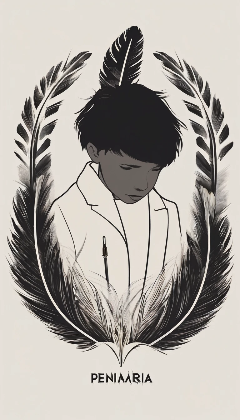 A minimal, modern, simple, cinematic logo design e of a boy with a head full of feathers for the brand “Penamemoria" .