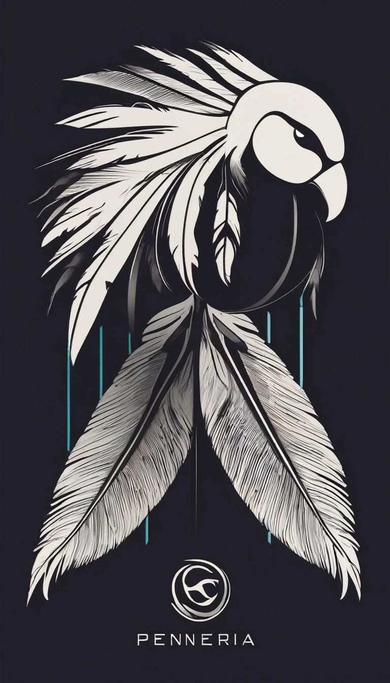 A minimal, modern, simple, cinematic logo design e of a boy with a head full of feathers for the brand “Penamemoria" .
