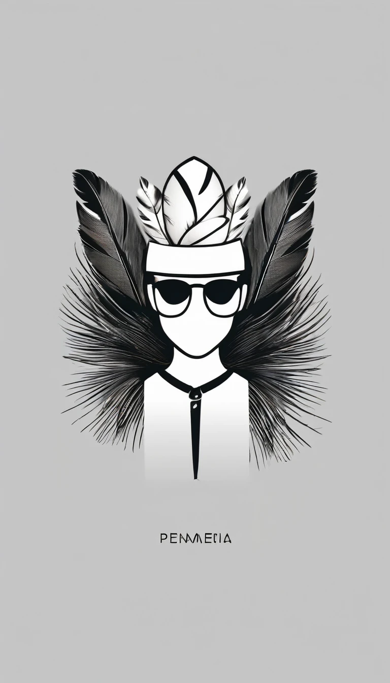 A minimal, modern, simple, cinematic logo design e of a boy with a head full of feathers for the brand “Penamemoria" .