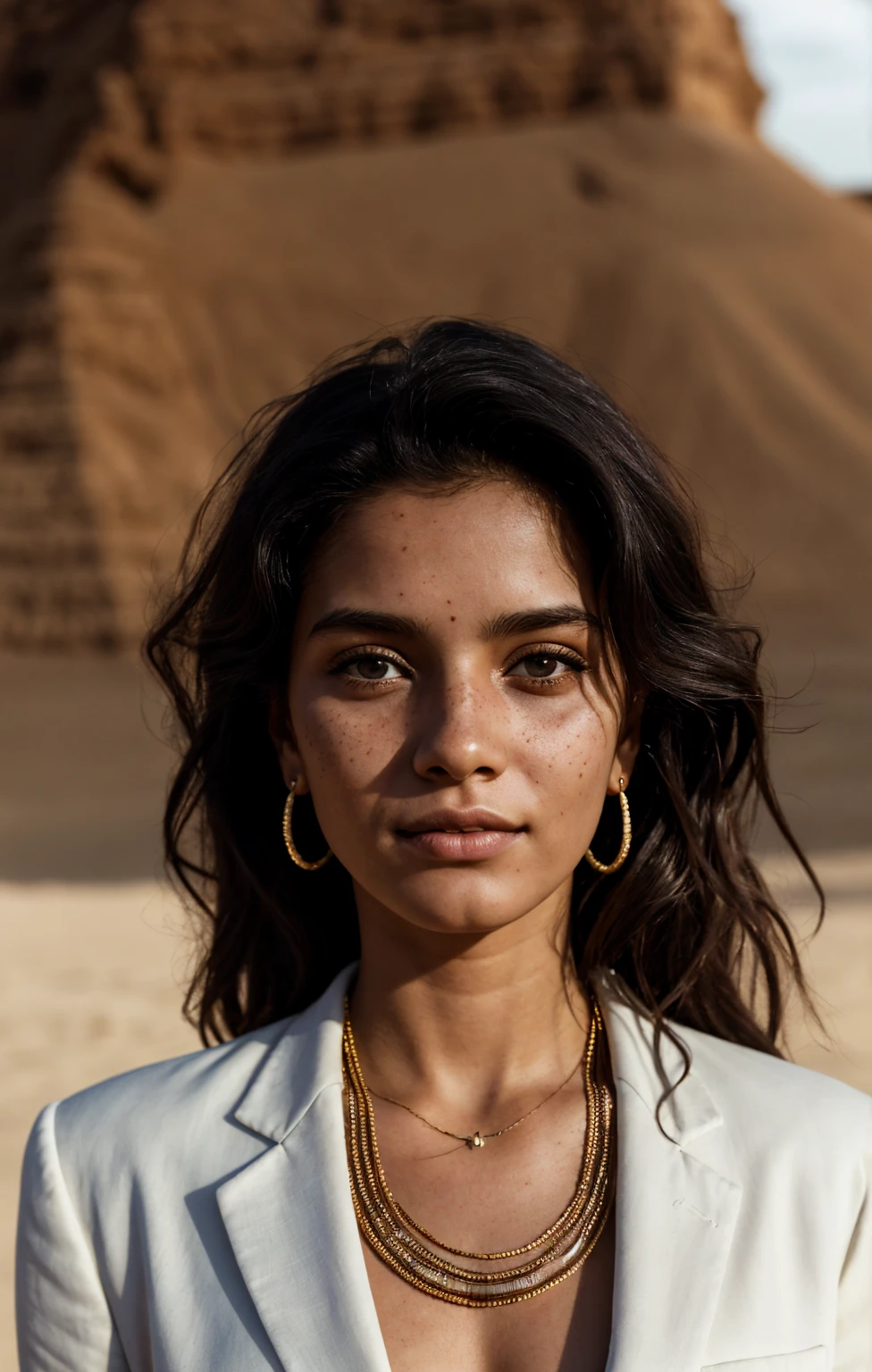 (Close-up, editorial photograph of a 20 year old woman), (highly detailed face:1.4) (smile:0.7) (background inside dark, moody, private study:1.3) POV, by lee jeffries, nikon d850, film stock photograph ,4 kodak portra 400 ,camera f1.6 lens ,rich colors, hyper realistic ,lifelike texture, dramatic lighting , cinestill 800, wavy hair, messy hair, Mischievous smirk, Black hair, freckles, Brown Eyes, jewels, necklace, White Suit (Amahl Farouk style), Astral Plane, Black Round Sunglasses, Sun, Sand, Desert, Arabian expressions, Egyptian woman, Arabian skin, Golden Aura, shadow queen