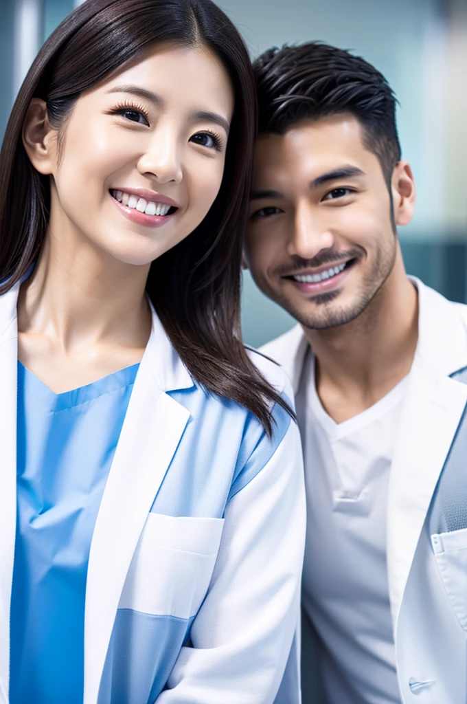 Male dentist and female dental hygienist 2people A good business partner 日本people Handsome Men and Beautiful Women Doctor wearing a white coat Upper body close-up high resolution high resolution Highest quality smile Wear black scrubs