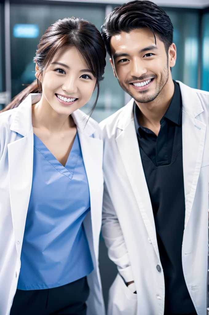 Male dentist and female dental hygienist　２people　A good business partner　日本people　Handsome Men and Beautiful Women　Doctor wearing a white coat　Upper body close-up　high resolution　high resolution　Highest quality　smile　　Wear black scrubs