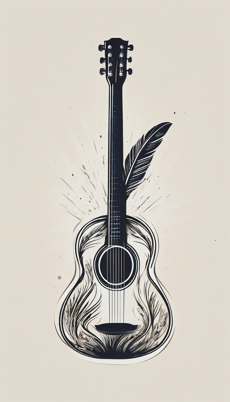 A minimal, modern, simple, cinematic logotype for the brand “Penamemoria". The logotype must be a simple, magical feather and a boy playing acoustic guitar. The logo must convey a sense of music, stories and dreams. Logo design impressed on a book cover. Minimalistic logo