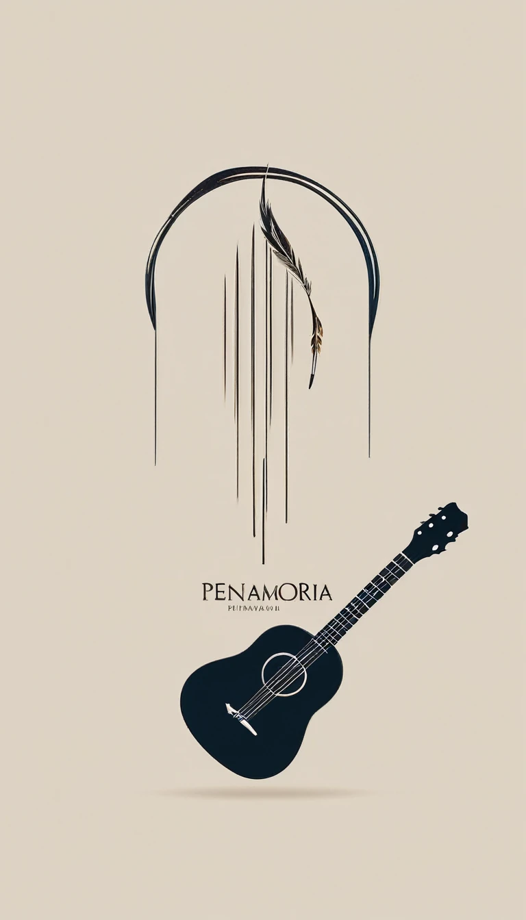 A minimal, modern, simple, cinematic logotype for the brand “Penamemoria". The logotype must be a simple, magical feather and a boy playing acoustic guitar. The logo must convey a sense of music, stories and dreams. Logo design impressed on a book cover. Minimalistic logo