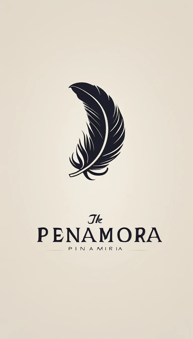 A minimal, modern, simple, cinematic logotype for the brand “Penamemoria". The logotype must be a simple, magical feather and a boy playing acoustic guitar. The logo must convey a sense of music, stories and dreams. Logo design impressed on a book cover. Minimalistic logo