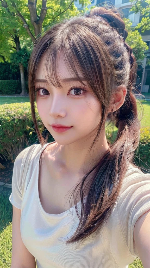 One piece with collar,outdoors,Urban Park,On the lawn,Ultra-detailed, finely detail, hight resolution, 8K Wallpaper, Perfect dynamic composition, Beautiful detailed eyes,Outdoor,Close-up of face,Outdoor,Blushing,Facing forward,,Long hair ponytail,((8k, Raw photo, Best Quality, Mastepiece:1.2), (Realism, Photorealistic:1.4), (Highly detailed 8K wallpapers), Depth of written boundary, Cinematic Lighting, Soft Light, Detailed Beauty Eye,Shiny and smooth light brown ponytail, Asymmetrical bangs, Shiny skin, Ultra-detailed skins ,It is high resolution., High detail, Detailed hairstyle, Detailed facial beauty, Hyper-realistic, Perfect limbs, Perfect Anatomy ,1 Japanese girl,Famous Japanese Idols, Perfect female body,A shy smile,Short eyelashes,Double-edged eyelids,Look straight here,Hair style: ponytail,