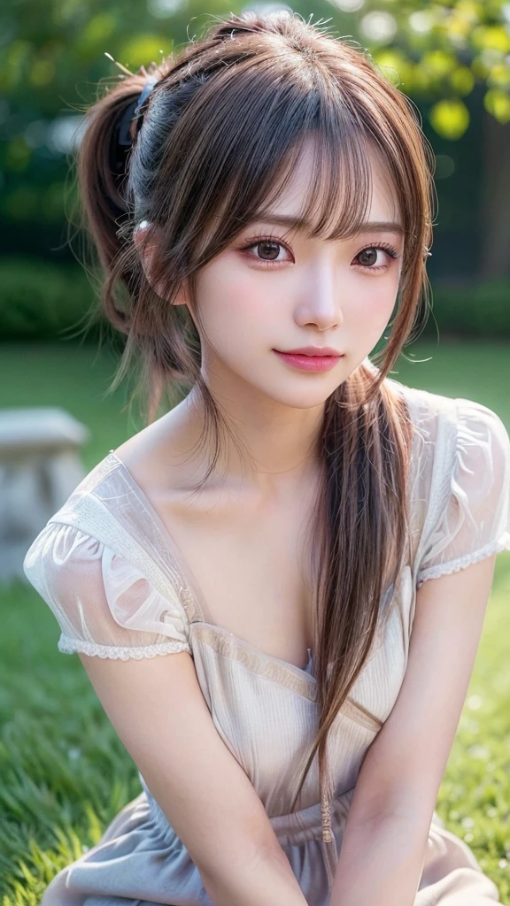 One piece with collar,outdoors,Urban Park,On the lawn,Ultra-detailed, finely detail, hight resolution, 8K Wallpaper, Perfect dynamic composition, Beautiful detailed eyes,Outdoor,Close-up of face,Outdoor,Blushing,Facing forward,,Long hair ponytail,((8k, Raw photo, Best Quality, Mastepiece:1.2), (Realism, Photorealistic:1.4), (Highly detailed 8K wallpapers), Depth of written boundary, Cinematic Lighting, Soft Light, Detailed Beauty Eye,Shiny and smooth light brown ponytail, Asymmetrical bangs, Shiny skin, Ultra-detailed skins ,It is high resolution., High detail, Detailed hairstyle, Detailed facial beauty, Hyper-realistic, Perfect limbs, Perfect Anatomy ,1 Japanese girl,Famous Japanese Idols, Perfect female body,A shy smile,Short eyelashes,Double-edged eyelids,Look straight here,Hair style: ponytail,
