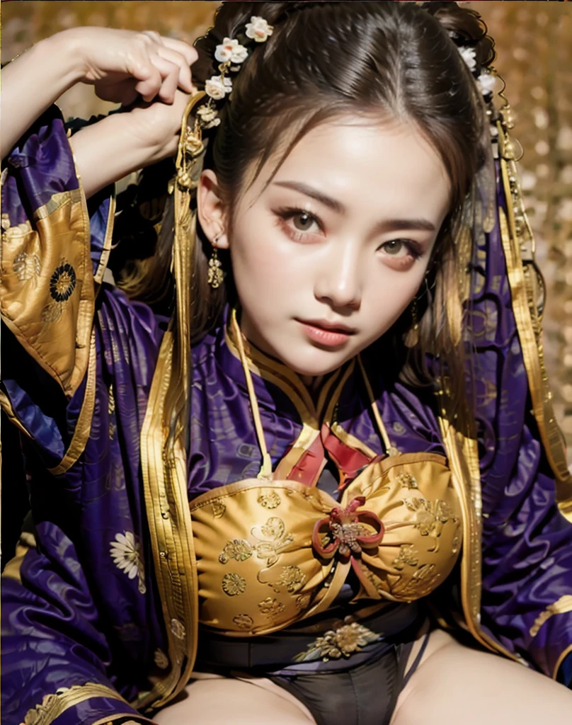 masterpiece, Highest quality, Highest quality, (Intricately detailed:1.2), Beautiful Eyes, One girl, alone, Outdoor, blue sky, cloudy, Bokeh, Lens flare, anamorphic Lens flare, Depth of written boundary, Fascinating face, Captivating smile, henna_Ruin, Yellow Hair, Red headband,