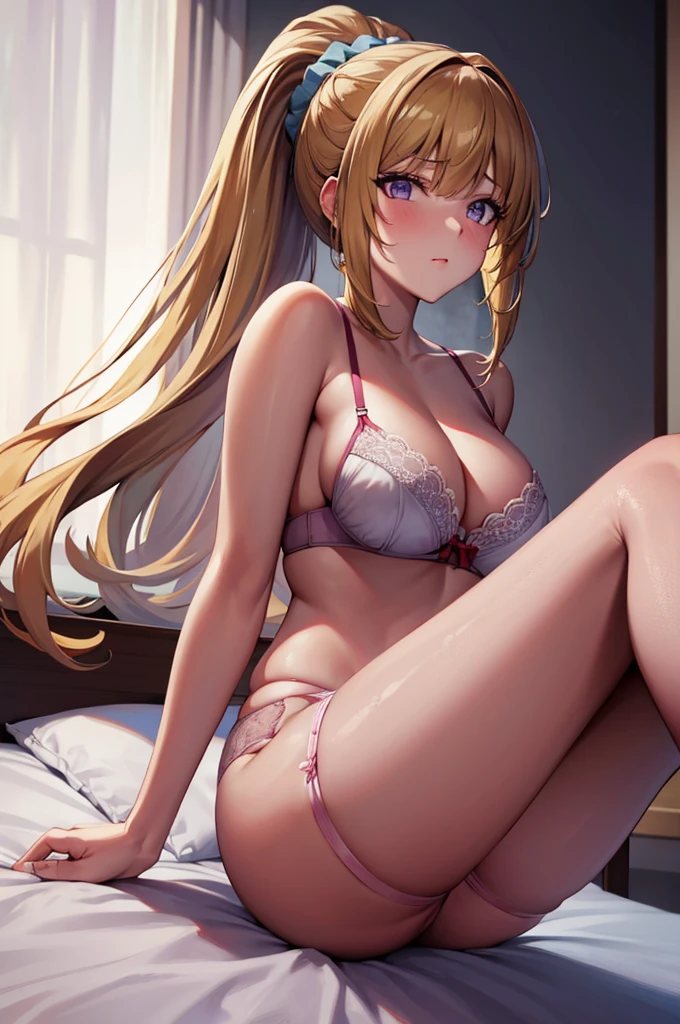 (8k, best quality, masterpiece,ultra detailed, ultra high res:1.1), nsfw, perfect 5 fingers, (anime style:1.2)
1girl,
BREAK long hair, ponytail, yellow hair, 
purple eyes, hair scrunchie, 
[medium breasts], 
BREAK pink lingerie, lace-trimmed bra, (garter belt:1.3), thighhighs, cleavage, side-tie panties, (special occasion thong panties:1.3), (blush:1.1), 
BREAK (looking at viewer:1.2), cowboy shot, perfect light, indoor, on the bed, BREAK spread legs, 