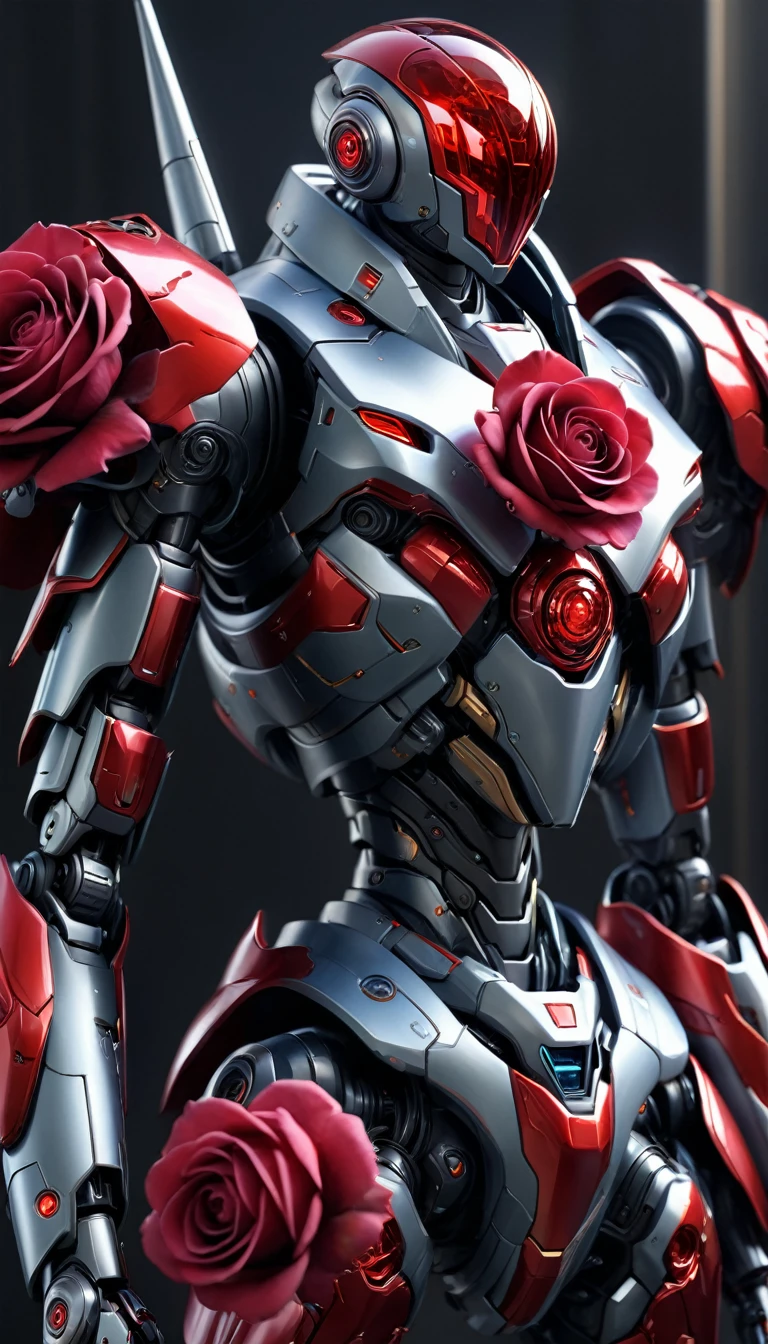 Here's a hyper-realistic image prompt based on your concept:
"Create a hyper-realistic digital artwork featuring a futuristic mecha with a unique, intricately designed body that resembles a red rose. The mecha's body should be rendered in exquisite detail, with delicate petals unfolding from its core to reveal a glowing, iridescent red crystal at its center. The crystal should emit a soft, pulsing light that casts a warm glow on the surrounding environment.
The mecha's surface should be adorned with intricate, swirling patterns that evoke the beauty of nature, with subtle shading and texture that gives the impression of delicate, almost translucent petals. The overall design should exude a sense of elegance and sophistication, as if the mecha were a living, breathing creature.
In the background, create a subtle, gradient-like effect that suggests a warm, sunset-inspired color palette, with soft, wispy clouds drifting lazily across the sky. The overall atmosphere should be one of serenity and tranquility, as if the mecha were standing peacefully in a serene, natural environment.
The image should be rendered in stunning, photorealistic detail, with attention paid to every aspect of the design, from the delicate texture of the petals to the subtle glow of the crystal. The final image should be a breathtakingly realistic representation of your concept, with a level of detail and realism that draws the viewer in and refuses to let go."
This prompt should give an artist or designer a clear idea of what you're looking for in terms of the level of detail, realism, and overall aesthetic you want to achieve.