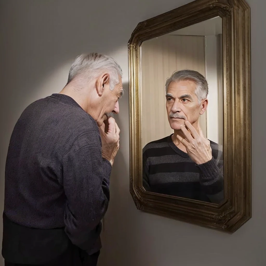 A photo, of an old man, short hair loss , looking at himself younger in a mirror. View from side of man, full body large scale, appartement parisian style