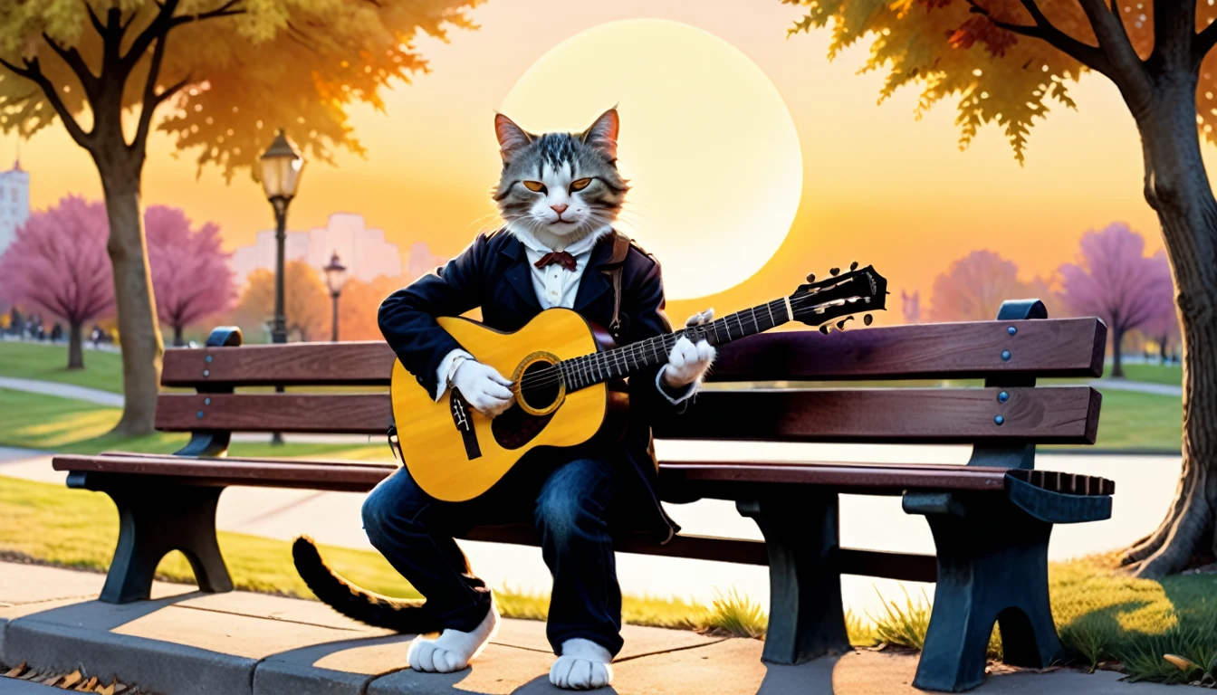 (photo film style), anthropomorphic, A personified cat playing an acoustic guitar on a park bench during sunset, The cat is relaxed and enjoying the music, 2D, colorful, warm atmosphere, glossy, Jean-Baptiste Monge style, Alan Lee style