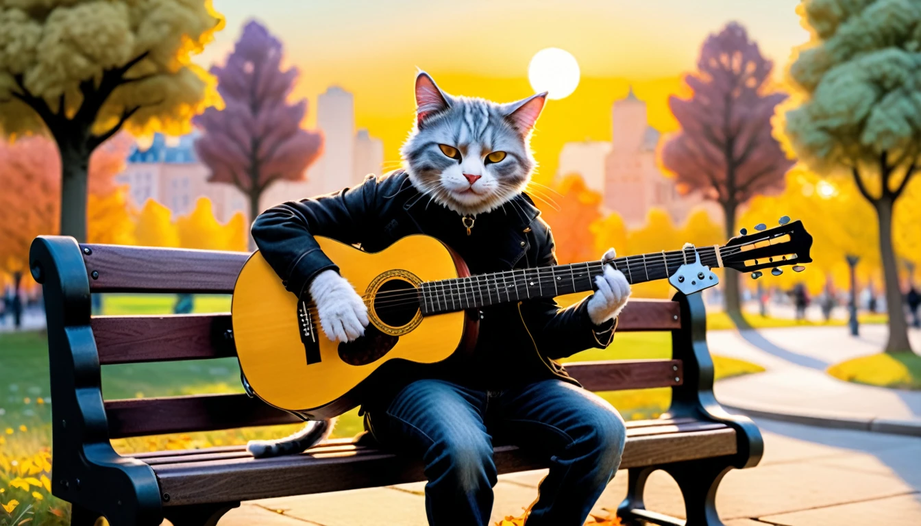 (photo film style), anthropomorphic, A personified cat playing an acoustic guitar on a park bench during sunset, The cat is relaxed and enjoying the music, 2D, colorful, warm atmosphere, glossy, Jean-Baptiste Monge style, Alan Lee style