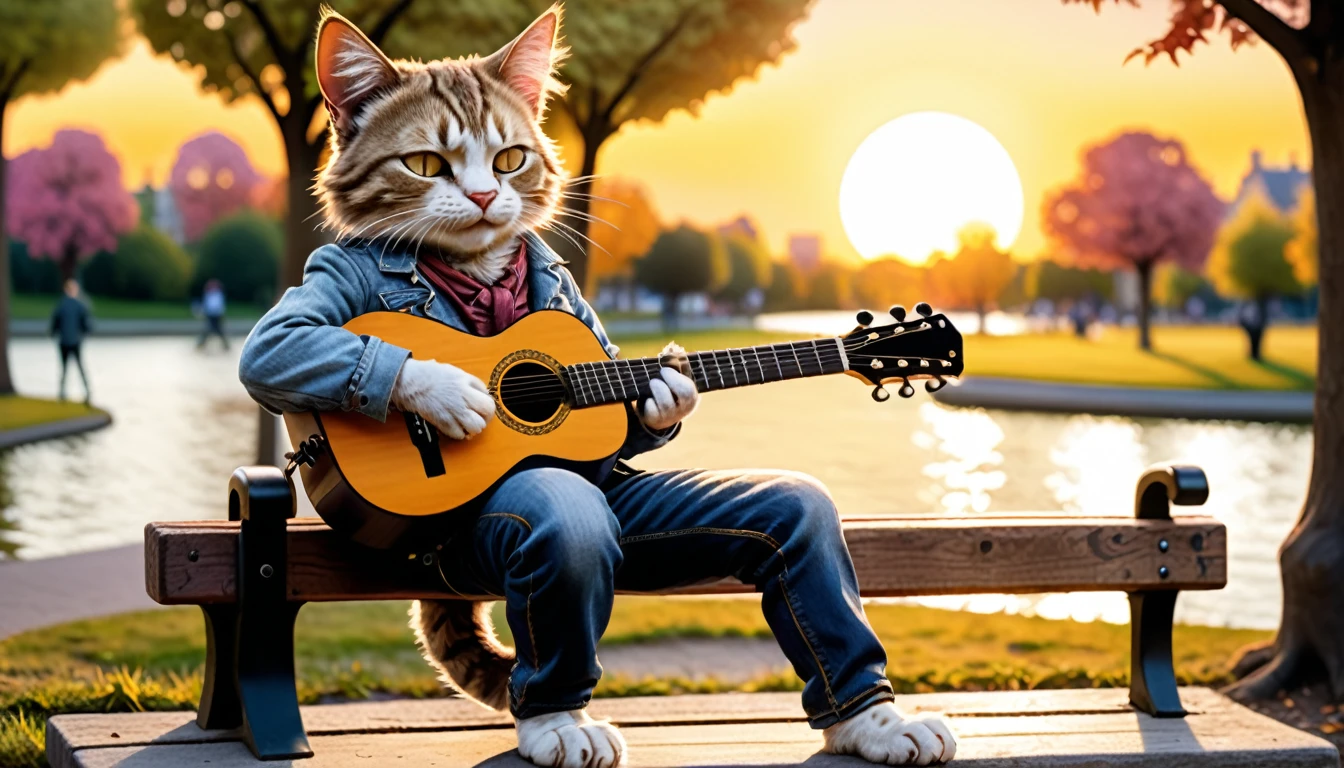 (photo film style), anthropomorphic, A personified cat playing an acoustic guitar on a park bench during sunset, The cat is relaxed and enjoying the music, 2D, colorful, warm atmosphere, glossy, Jean-Baptiste Monge style, Alan Lee style