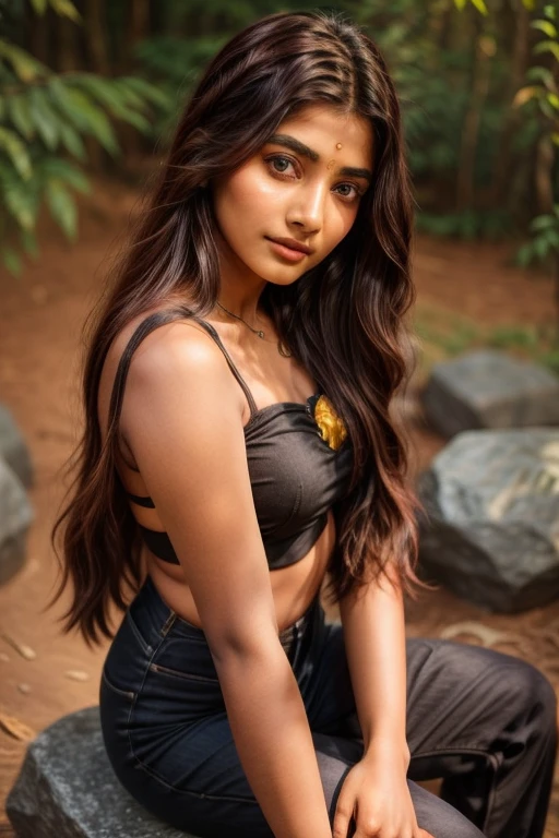 beautiful cute young attractive indian age girl, village girl, 18 years old, cute, Instagram model, long black_hair, colorful hair, warm, dacing, in nature sit in stone, indian