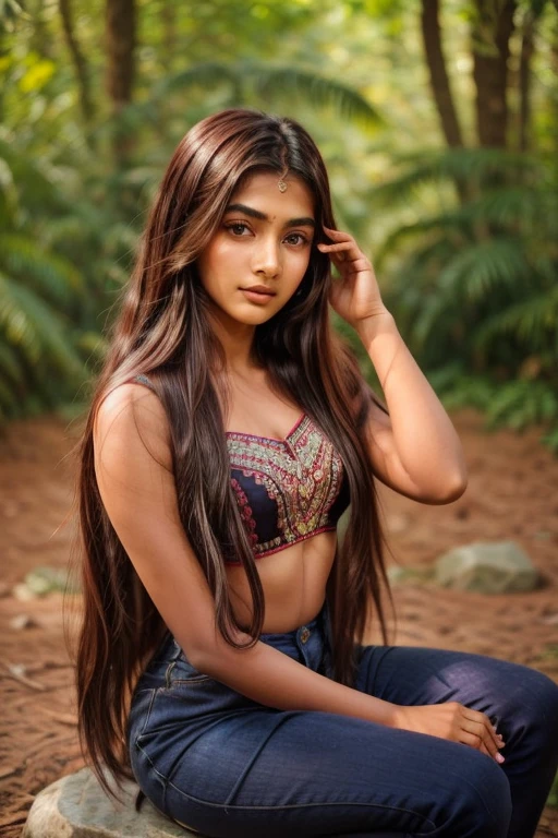 beautiful cute young attractive indian teenage girl, village girl, 18 years old, cute, Instagram model, long black_hair, colorful hair, warm, dacing, in nature sit in stone, indian