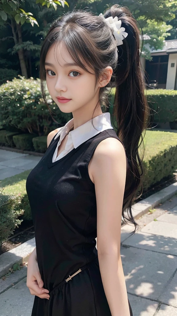 collared dress,European park,On the lawn,One woman,masutepiece, The highest image quality, High quality, the background is clear,Beautiful woman, Japanese,Ultra-detailed, finely detail, hight resolution, 8K Wallpaper, Perfect dynamic composition, Beautiful detailed eyes , Detailed, Detailed eyes, Detailed skin, Beautiful skin, 超hight resolution, (reality: 1.4),Very beautiful woman, Slightly younger face, Beautiful skin, slender, (Ultra photo realsisim), (hight resolution), (8K), (Very detailed) (beautifully detailed eyes), (super detailed), (Detailed face), view the viewer, Fine details, Detailed face, Staring straight ahead, Staring straight ahead, photos realistic, Bright lighting, Professional Lighting, Black hair,poneyTail,a baby face,sixteen years old,Hairstyle: ponytail,Long ponytail hairstyle,slight smile,neat and tidy clothing,Beautiful Japanese KPOP idol photo, hair style is ponytail, my eyes are double and wide, baby face, smile and look straight ahead, slender, small breasts,Close up face,