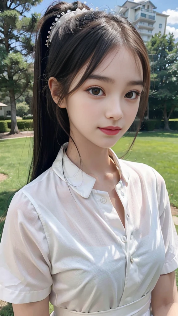 collared dress,European park,On the lawn,One woman,masutepiece, The highest image quality, High quality, the background is clear,Beautiful woman, Japanese,Ultra-detailed, finely detail, hight resolution, 8K Wallpaper, Perfect dynamic composition, Beautiful detailed eyes , Detailed, Detailed eyes, Detailed skin, Beautiful skin, 超hight resolution, (reality: 1.4),Very beautiful woman, Slightly younger face, Beautiful skin, slender, (Ultra photo realsisim), (hight resolution), (8K), (Very detailed) (beautifully detailed eyes), (super detailed), (Detailed face), view the viewer, Fine details, Detailed face, Staring straight ahead, Staring straight ahead, photos realistic, Bright lighting, Professional Lighting, Black hair,poneyTail,a baby face,sixteen years old,Hairstyle: ponytail,Long ponytail hairstyle,slight smile,neat and tidy clothing,Beautiful Japanese KPOP idol photo, hair style is ponytail, my eyes are double and wide, baby face, smile and look straight ahead, slender, small breasts,Close up face,