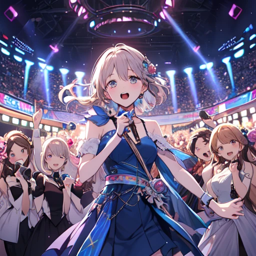 (masterpiece:1.2), (highest quality:1.2), Perfect Eyes, Perfect Face, Perfect lighting, many girls, group shot, singing, idol group