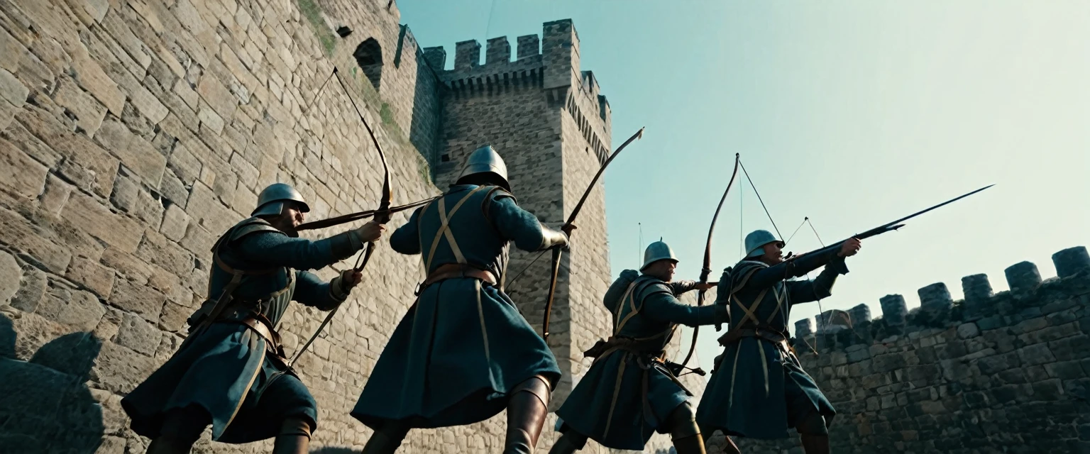 score_9, score_8_up, score_7_up, source_photo, photography, photorealistic, detailed, cinematic angle, rating safe, pov, viewer is under the city walls, from below, Wide shot, Medieval soldiers on the city wall firing their bows against viewer, masterpiece, best quality, 8k,