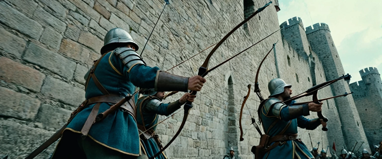 score_9, score_8_up, score_7_up, source_photo, photography, photorealistic, detailed, cinematic angle, rating safe, pov, viewer is under the city walls, from below, Wide shot, Medieval soldiers on the city wall firing their bows against viewer, masterpiece, best quality, 8k,