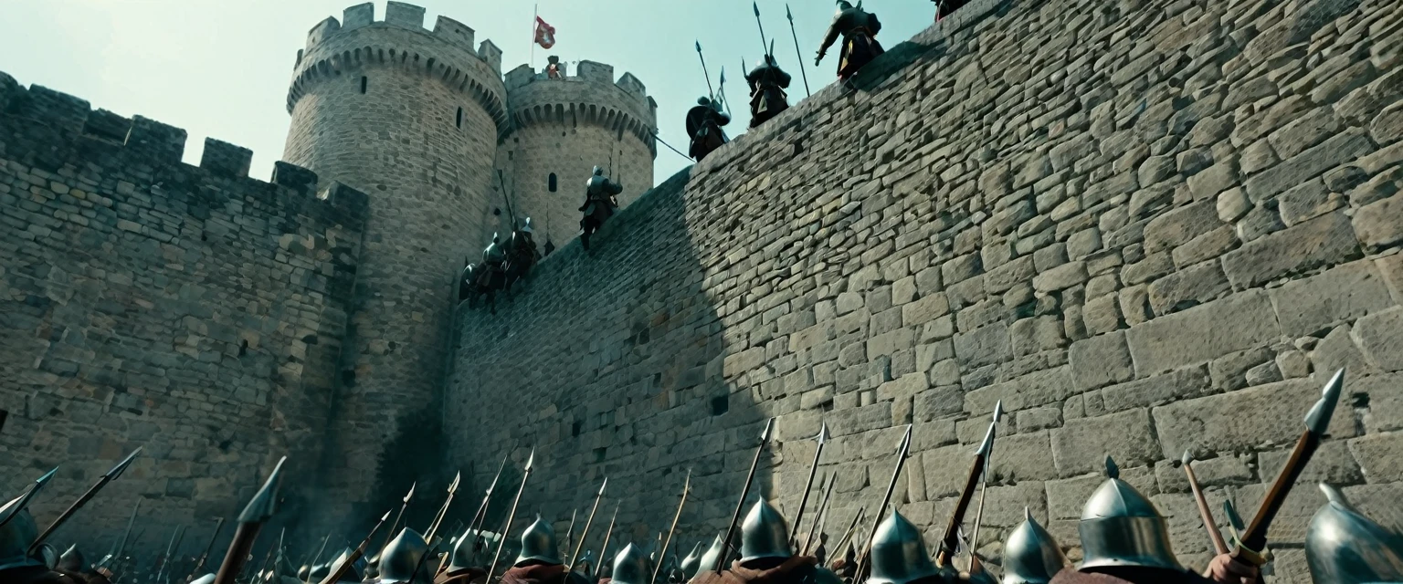 score_9, score_8_up, score_7_up, source_photo, photography, photorealistic, detailed, cinematic angle, rating safe, pov, viewer is under the city walls, from below, Wide shot, Medieval soldiers on the city wall firing their bows against viewer, masterpiece, best quality, 8k,