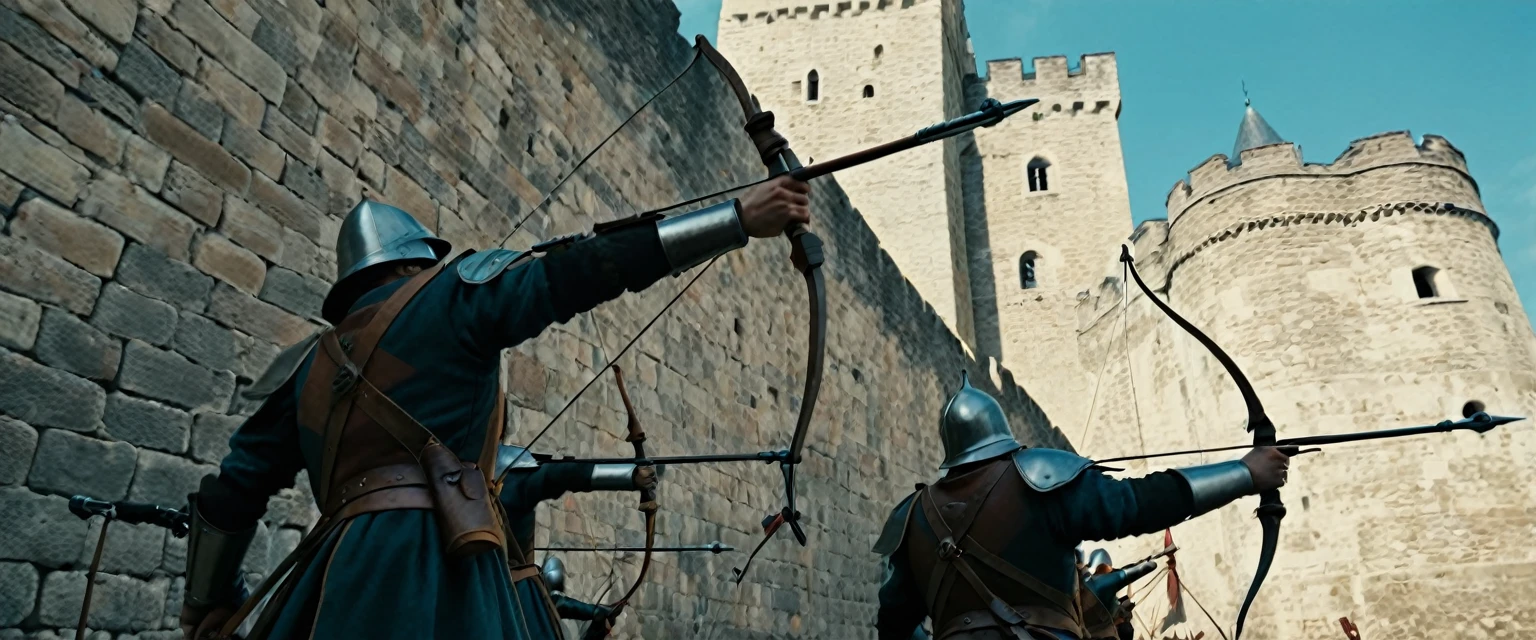 score_9, score_8_up, score_7_up, source_photo, photography, photorealistic, detailed, cinematic angle, rating safe, pov, viewer is under the city walls, from below, Wide shot, Medieval soldiers on the city wall firing their bows against viewer, masterpiece, best quality, 8k,