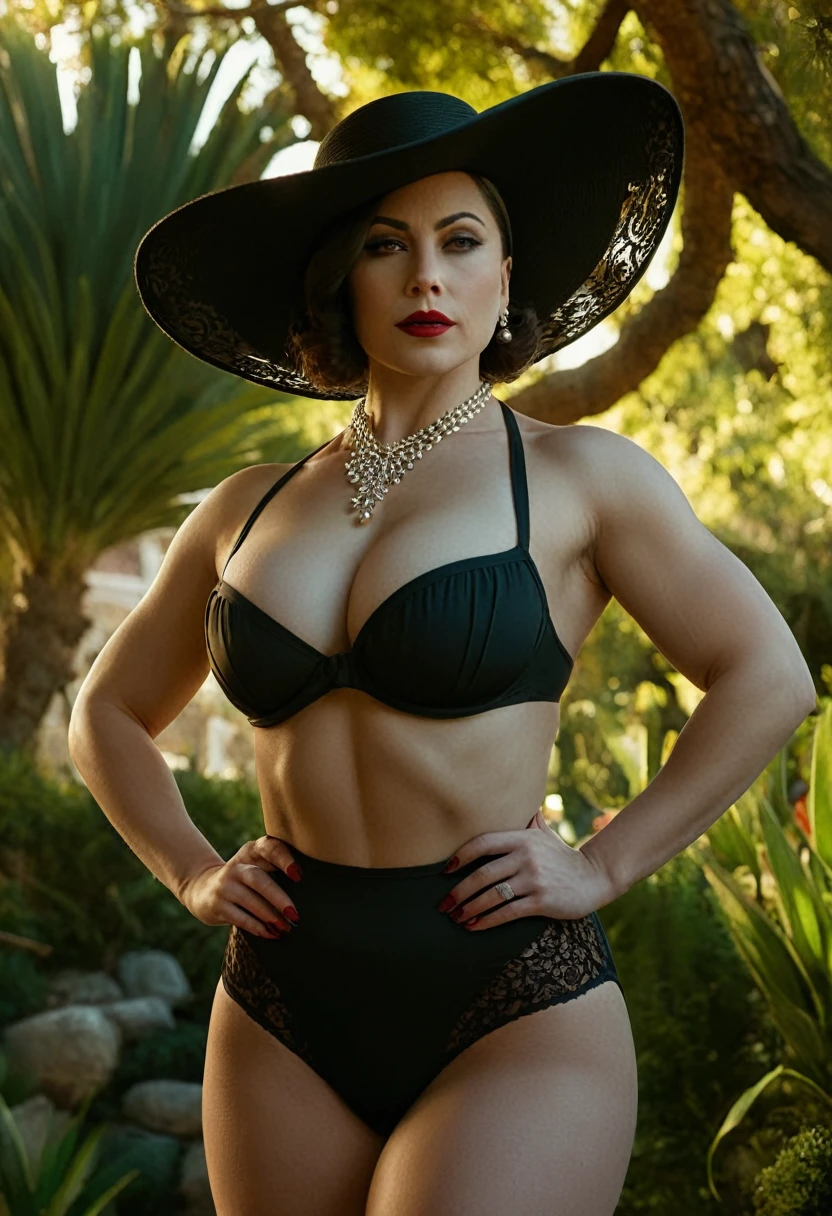 cinematic film still of Alcina Dimitrescu, muscular, wide hips, Women, partially covered in shadow, dramatic light, big old, Dimitrescu, Red lips, Alcina Dimitrescu, Mrs. Dimitrescu, 1 girl, Alone, old, garden background, has, neckline, trikini, standing, lace trim, viñeta, Very detailed, high budget, bokeh, cinemascope, moody, epic, gorgeous, film grain, grainy,  playa, oceano