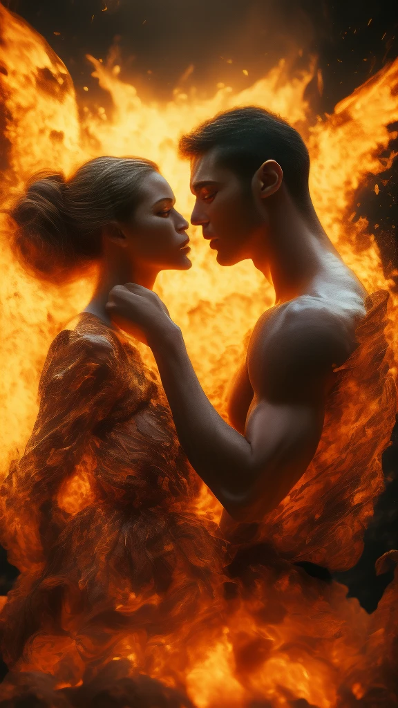 masterpiece，best quality，Extremely detailed，high resolution，1 romantic couple，flame，Dynamic Scene Scale 1.3，Romantic couple kissing in the fire，Firestorm，on fire，Bizarre fantasy image，Excellent skin texture，Magic Circle，Casting a Spell，strange，紫色strength，strength，fiery，meteor。