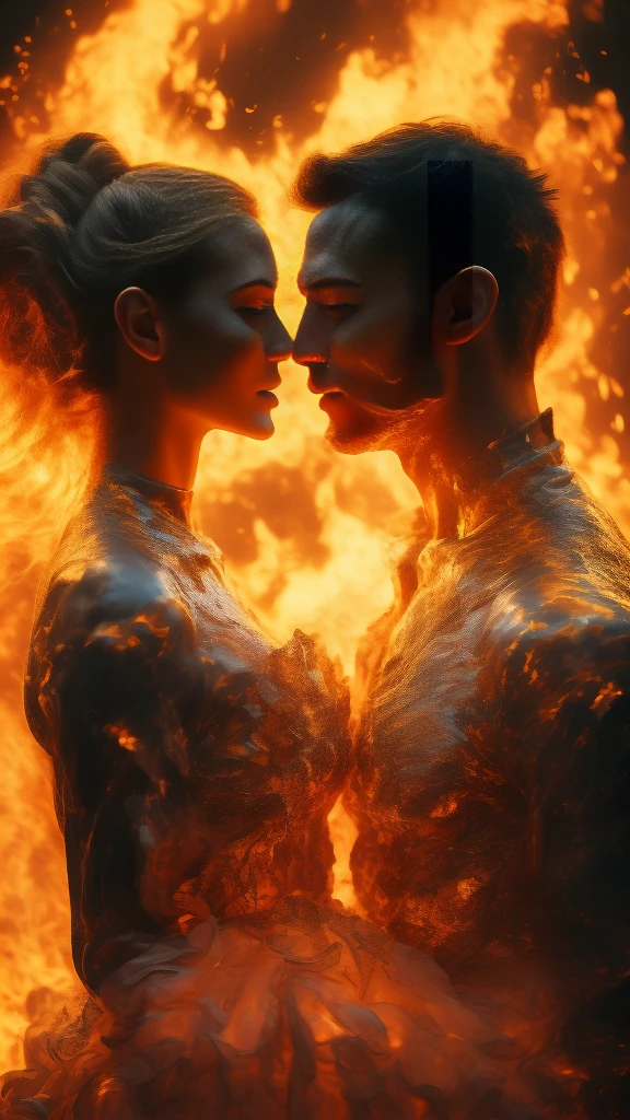 masterpiece，best quality，Extremely detailed，high resolution，1 romantic couple，flame，Dynamic Scene Scale 1.3，Romantic couple kissing in the fire，Firestorm，on fire，Bizarre fantasy image，Excellent skin texture，Magic Circle，Casting a Spell，strange，紫色strength，strength，fiery，meteor。