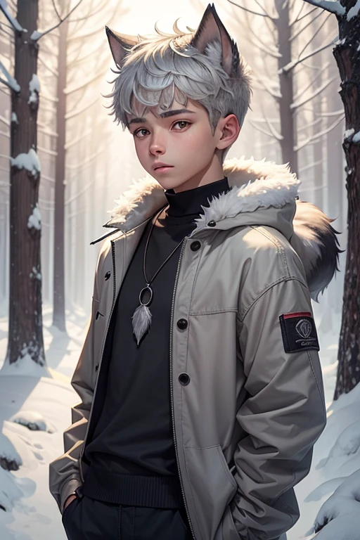 15 years old boy. With light grey hair. He's got an original haircut. He has the ears and the tail of a werewolf. He lives n a snowy forest.