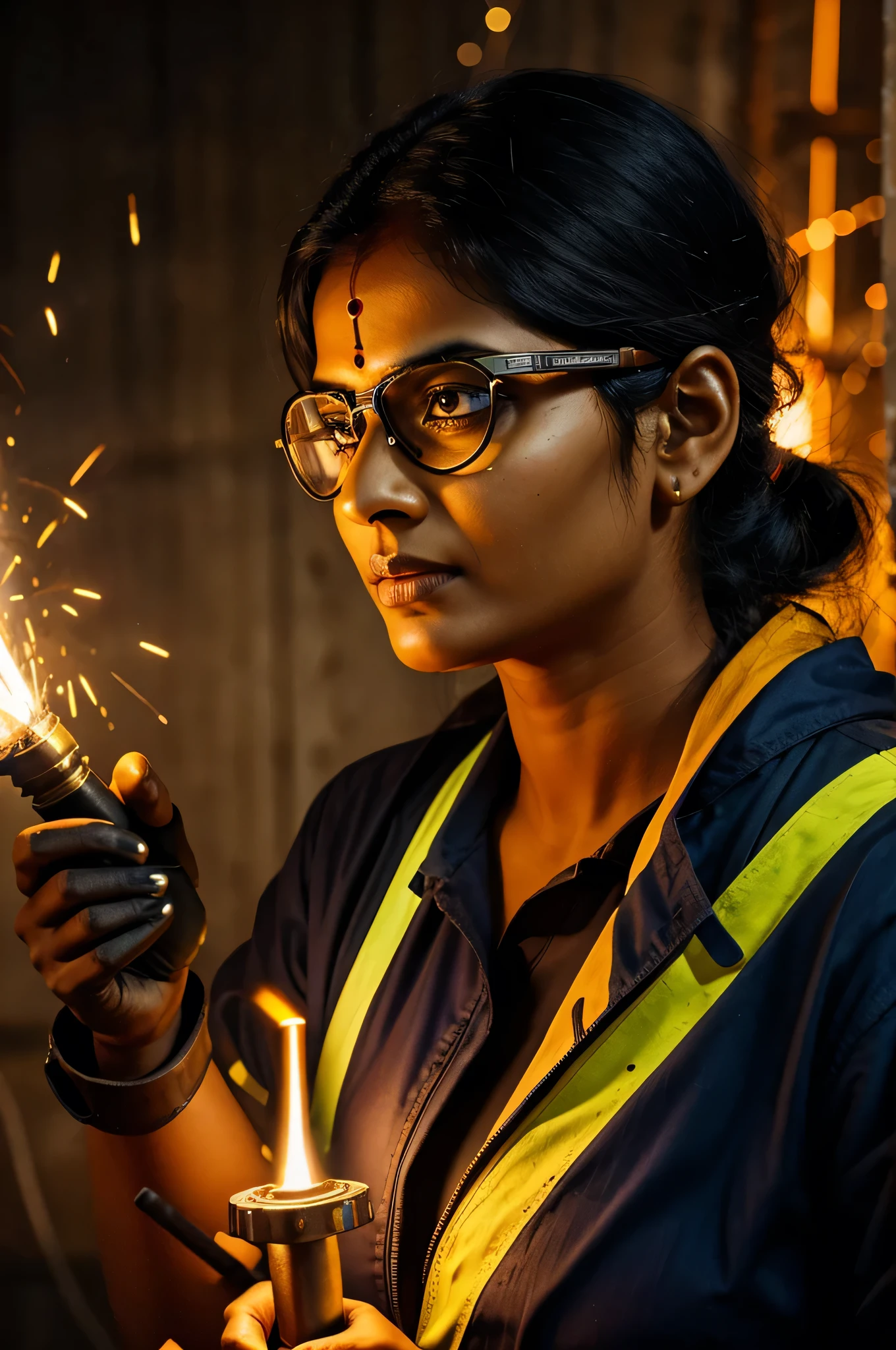 An indian woman with safety goggles and a welding torch, sparks flying, her face determined and focused.