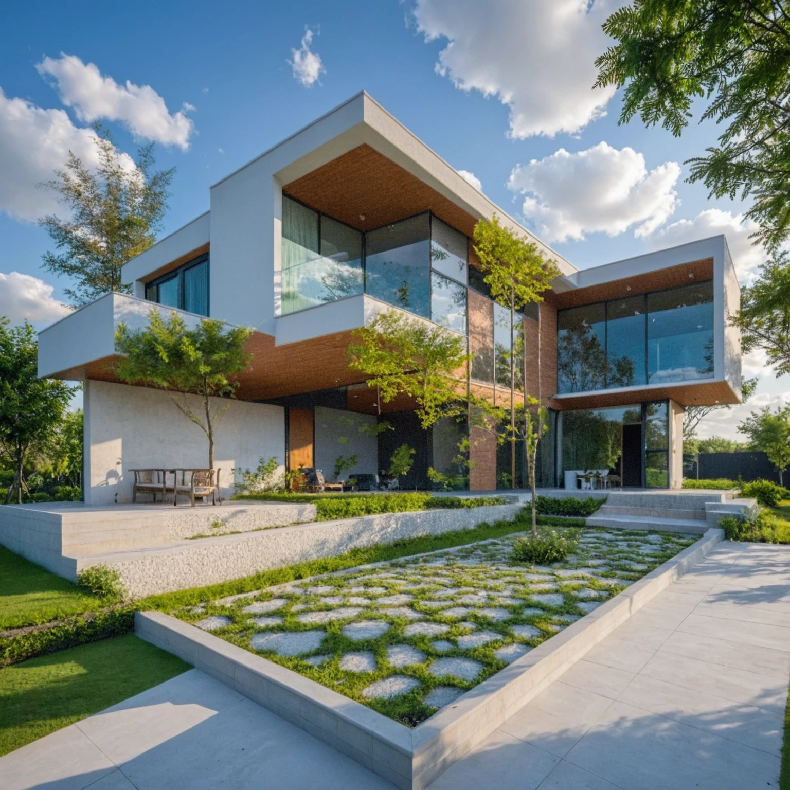 Masterpiece, 4k pixcel, high quality, best quality, authentic, super detail, outdoors, onestoreyvillaXL, aiaigroup, villa style moden on the garden ,stairs, white wall ,road,pavement, grass, trees, sky, cloud, (daylight:1.wimming pool, Increase image clarity
