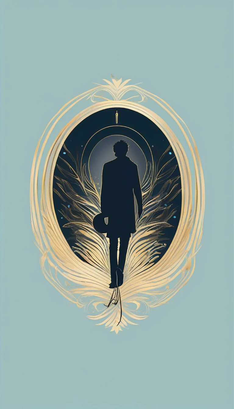 A minimal, modern, simple, cinematic logo design for the brand “Penamemoria". The logo design must be a simple, silhouette of a boy, standing up, playing acoustic guitar and fantasy feather by his side. The logo must convey a sense of music, stories, memories and dreams. Logo design impressed on a book cover. Minimalistic logo. Light blue, white and soft golden as colors for the logo design
